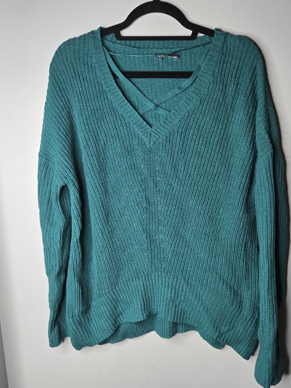 Women’s Large Teal Green Chunky Knit Sweater Criss Cross V Neck Oversized